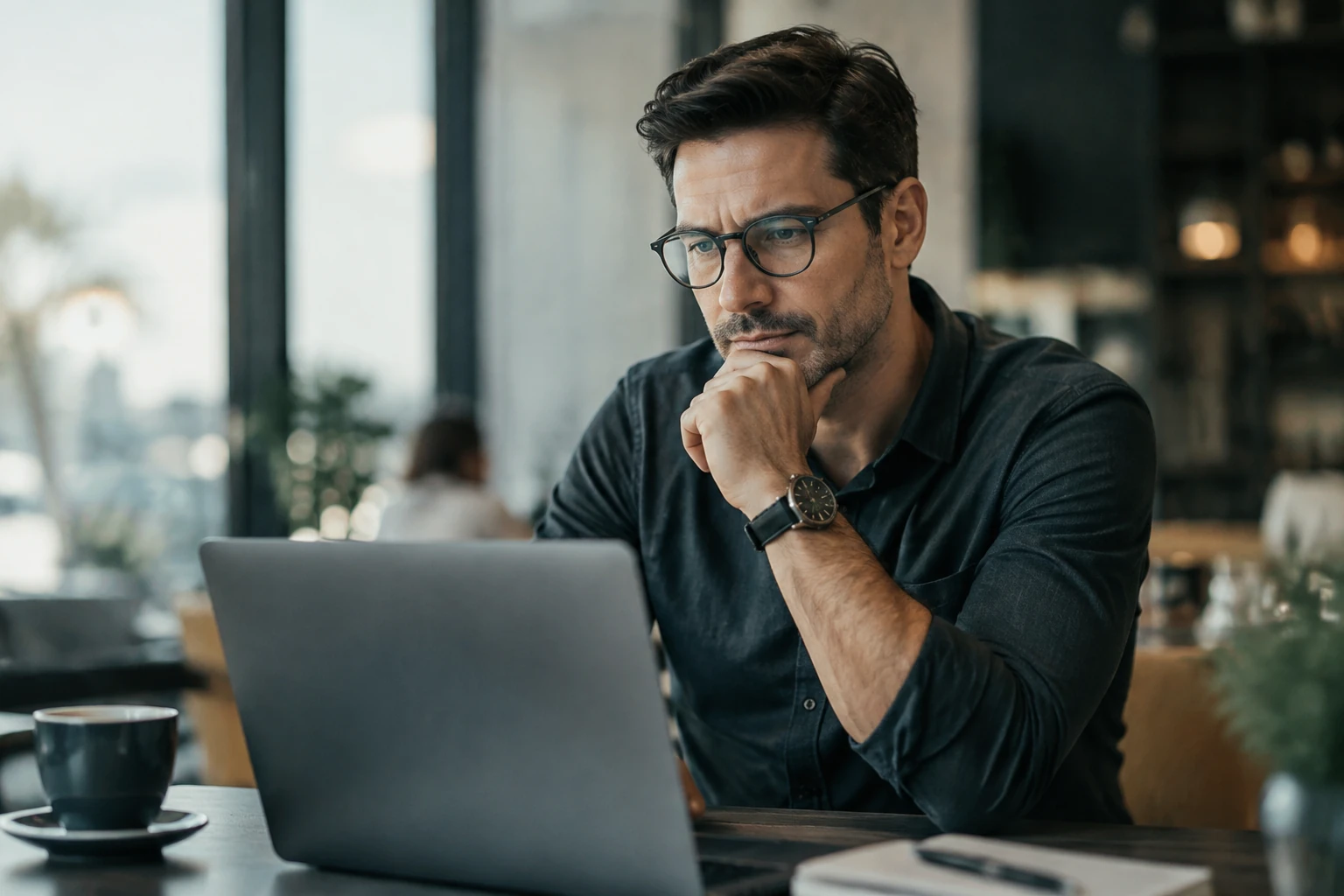Unternehmerin prüft am Laptop die Möglichkeiten eines neuen Werbekanals