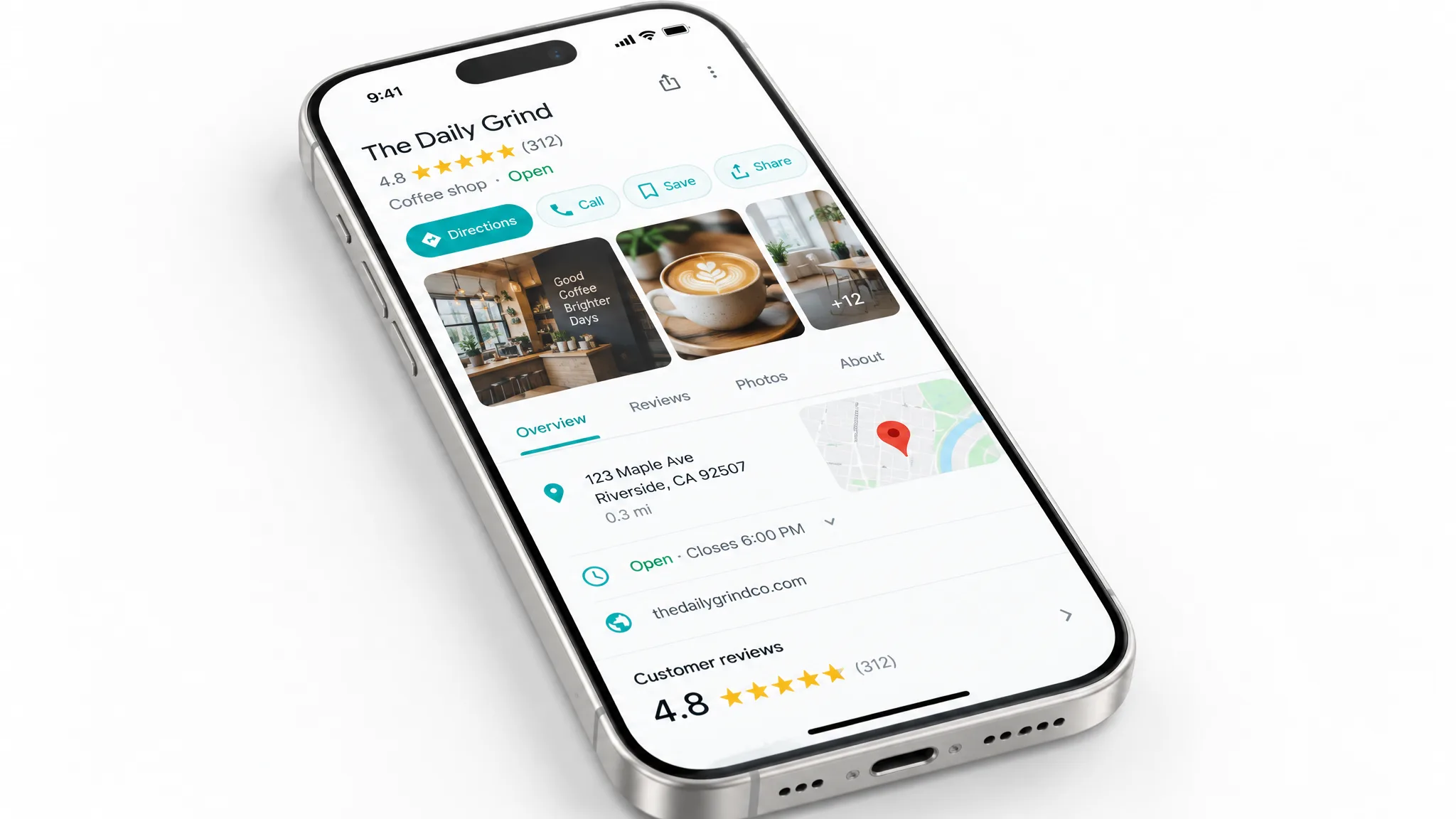 Google Unternehmensprofil mit Bewertungen und Standort auf einem Smartphone