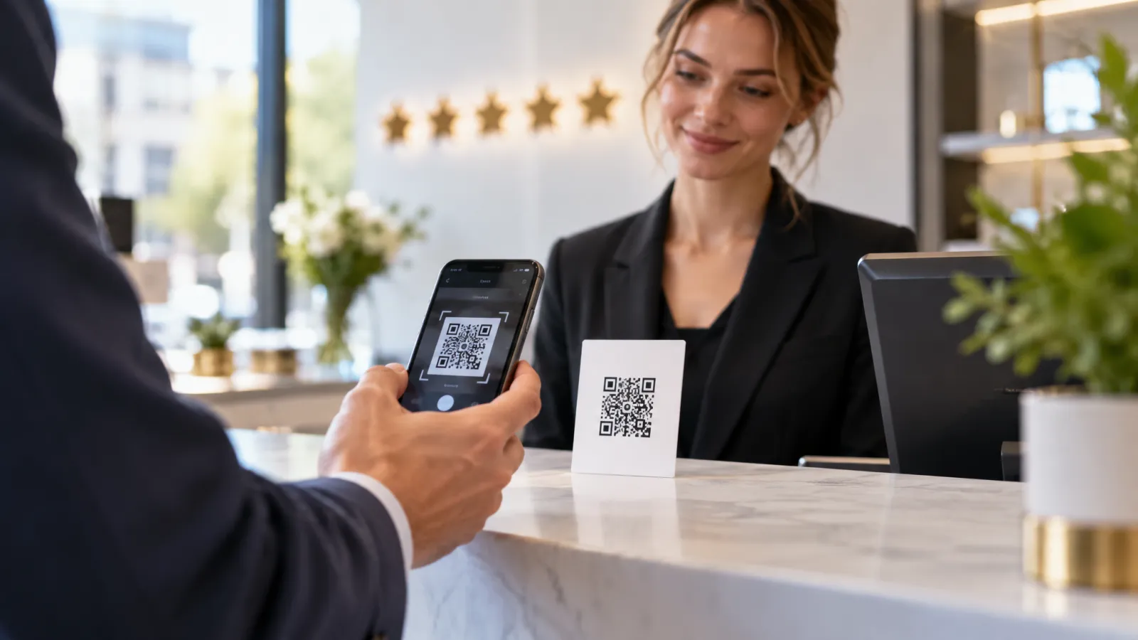 Google Bewertungskarte mit QR-Code wird einem Kunden gereicht