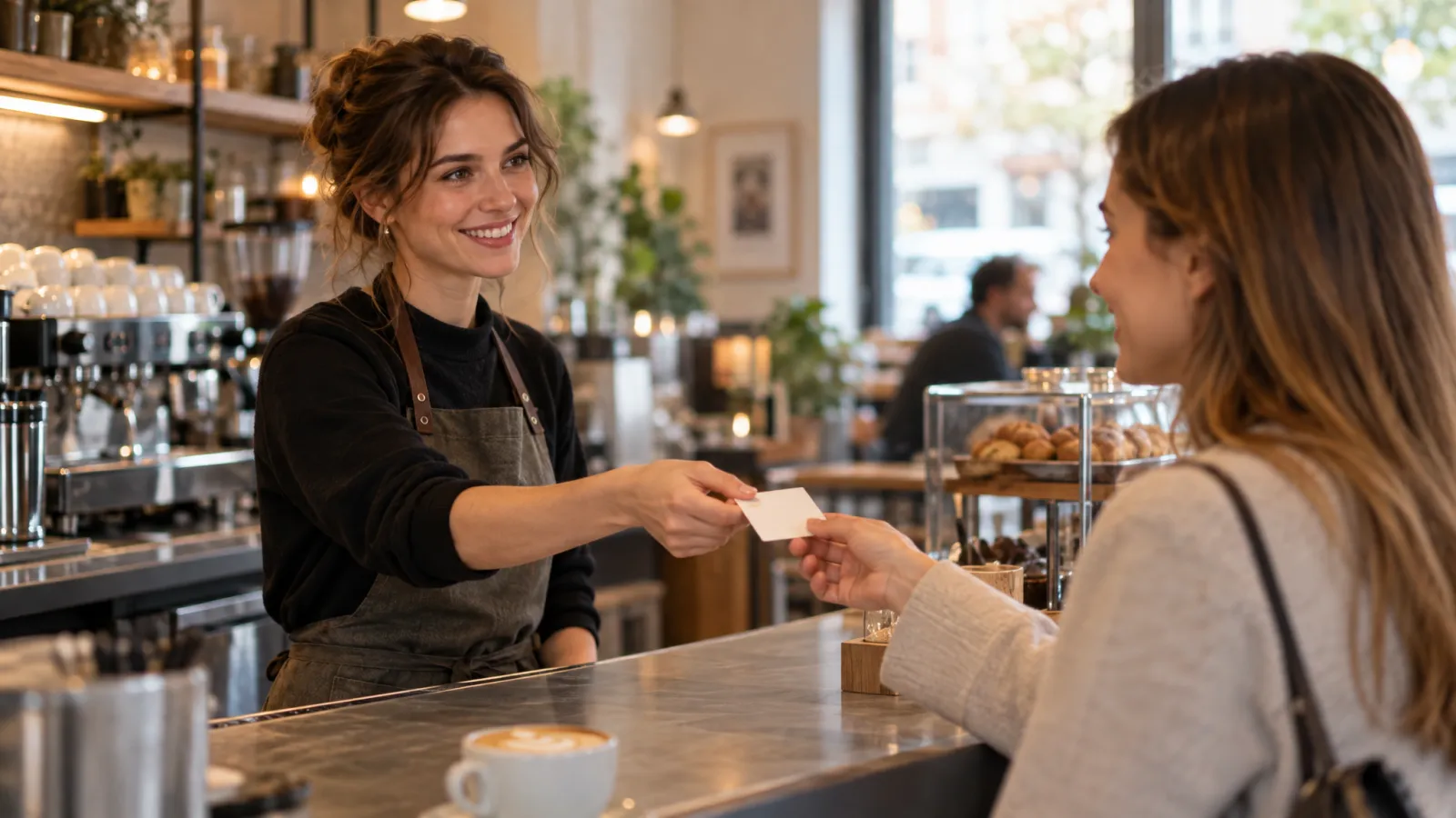 Bonuskarte wird an der Theke eines Cafés überreicht