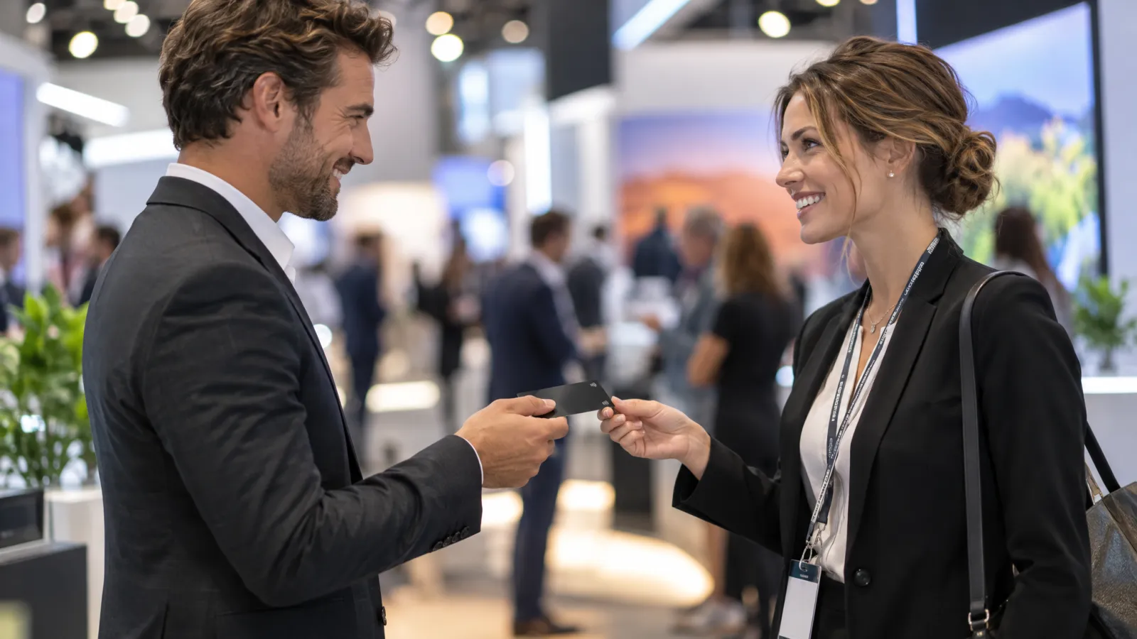 NFC Eventkarte wird auf einer Messe an ein Smartphone gehalten