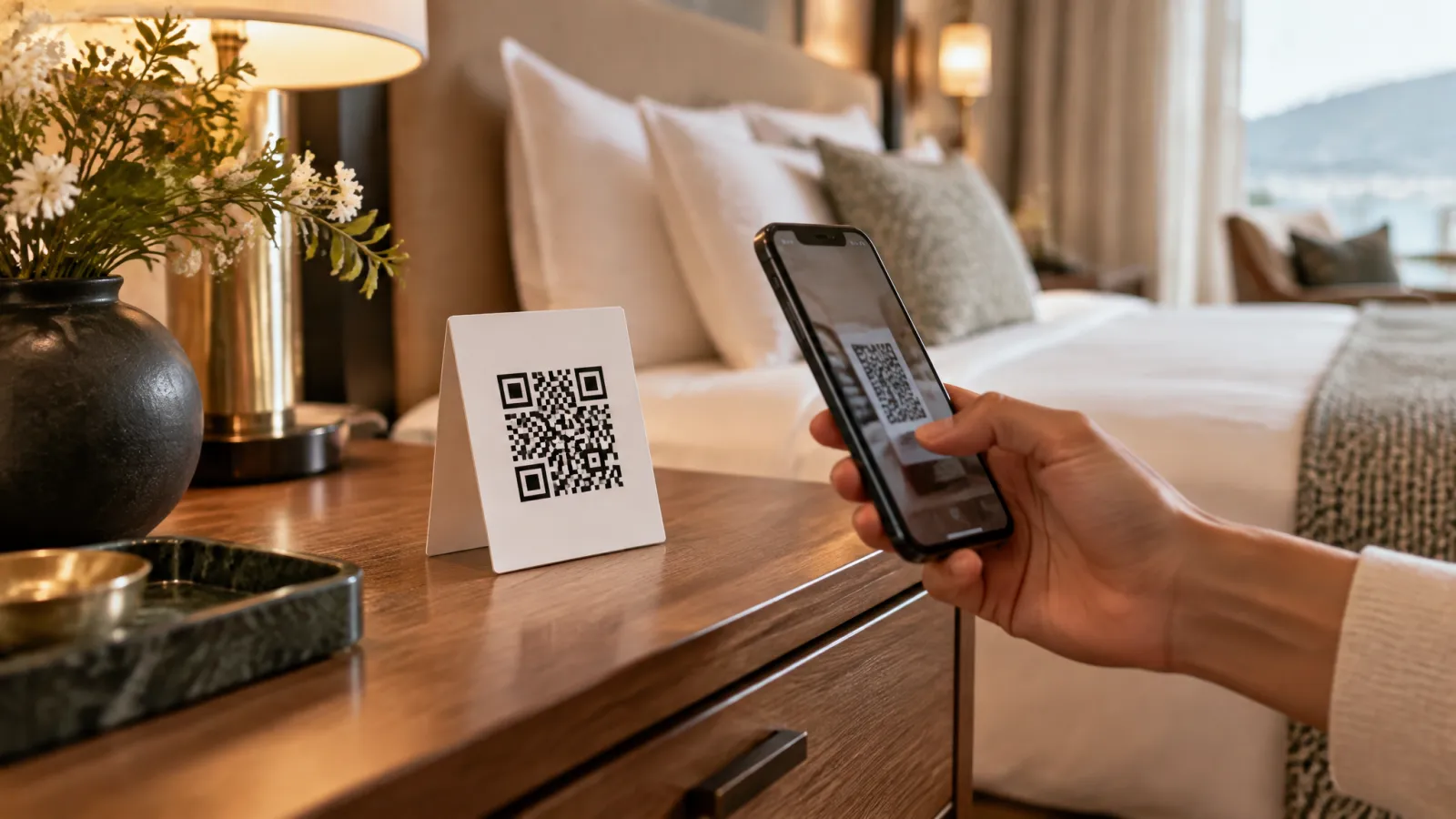 Digitale Gästemappe per QR-Code auf einem Hotelzimmer-Nachttisch