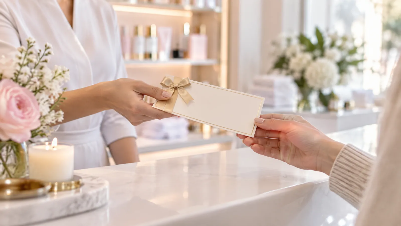 Hochwertige Gutscheinkarte wird in einem Salon überreicht