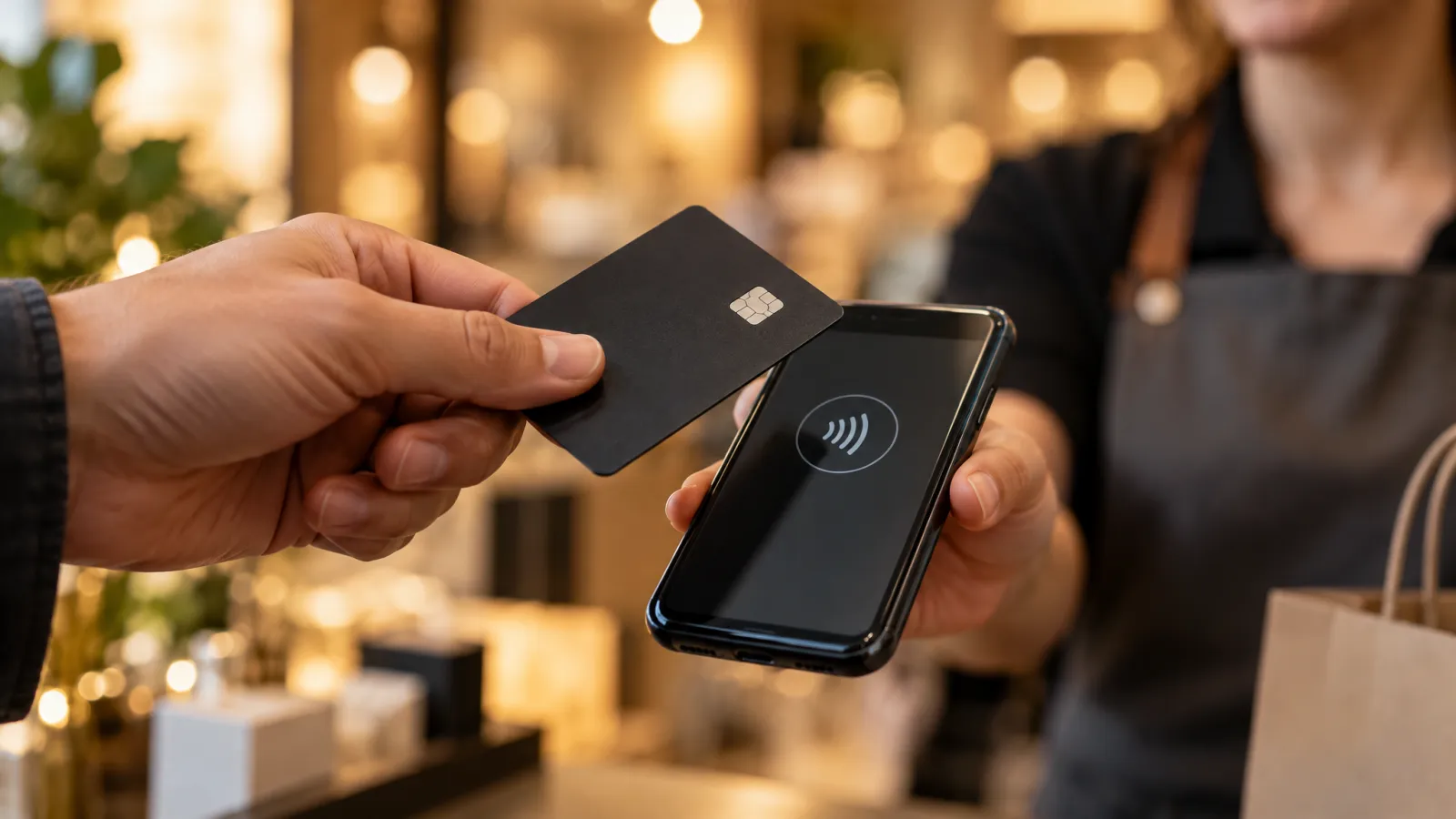 Kunde nutzt eine Bonuskarte mit dem Smartphone