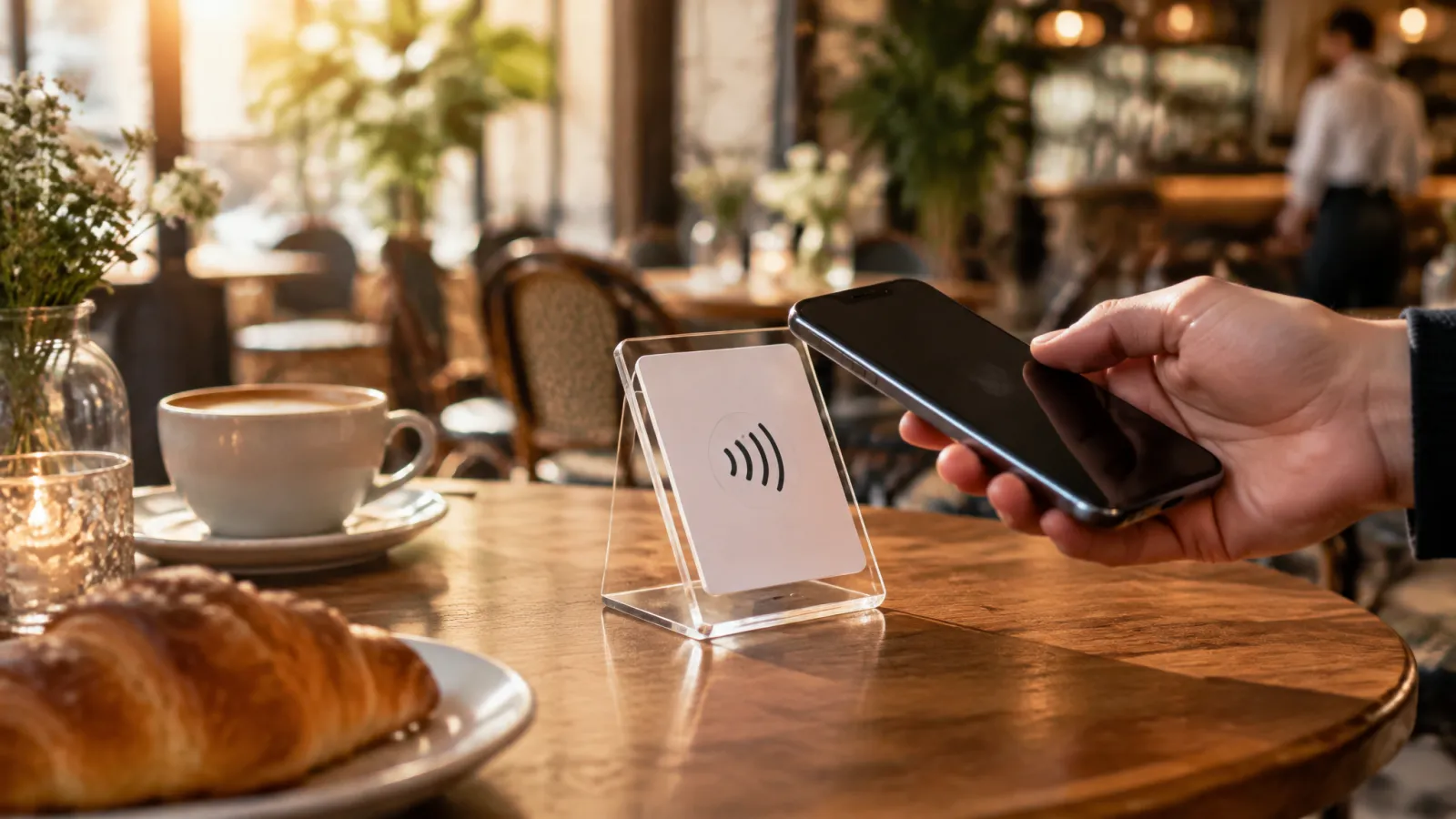 Individueller NFC-Aufsteller mit QR-Code auf einer Theke