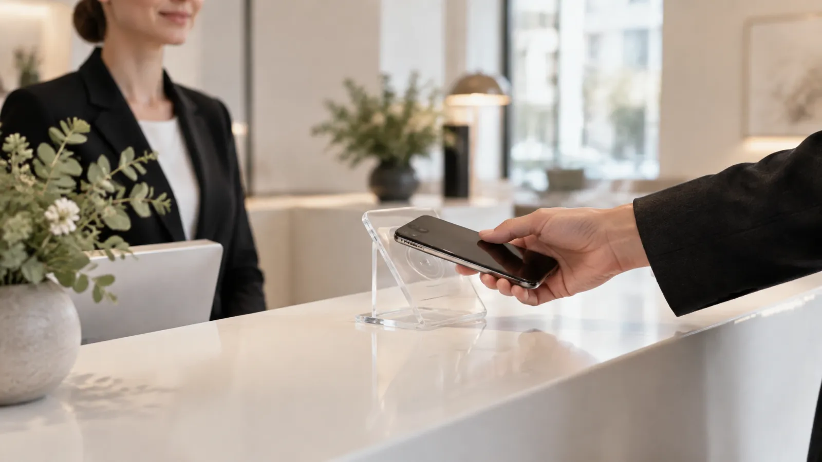 Gast scannt einen QR-Code Tischaufsteller mit dem Smartphone