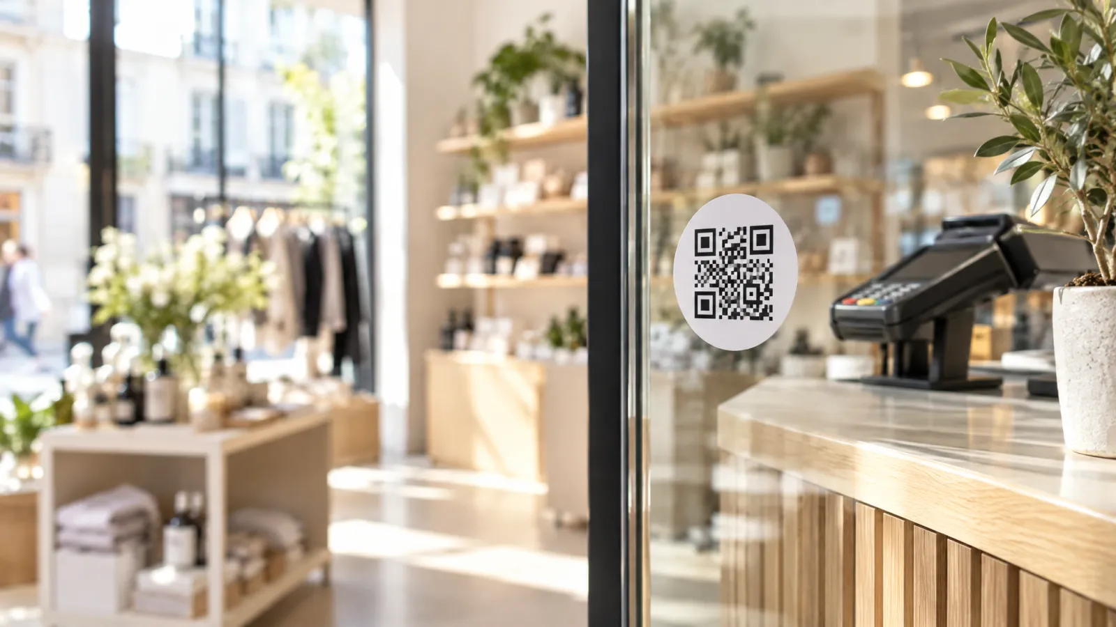 Individueller QR-Code Aufkleber auf einer Oberfläche im Geschäft