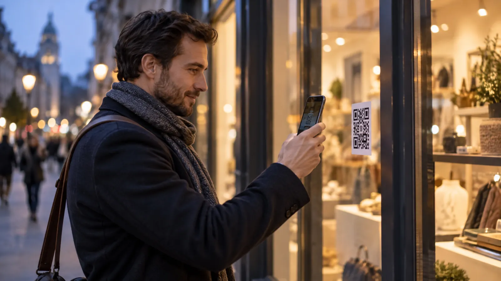 QR-Code Schaufensteraufkleber an einer Ladenscheibe, Passant scannt mit dem Smartphone