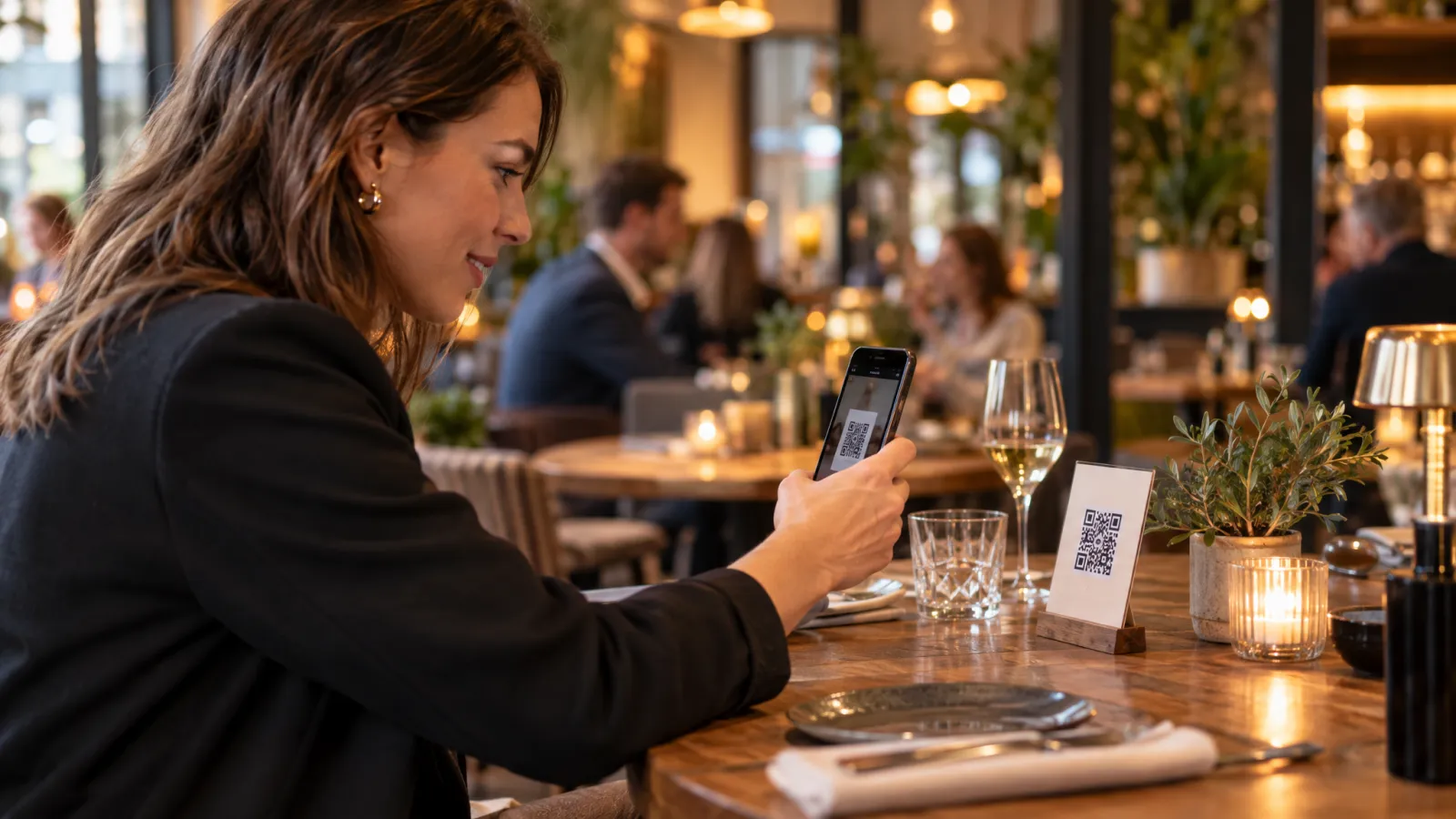 QR-Code Speisekarte auf einem Restauranttisch, Gast scannt mit dem Smartphone