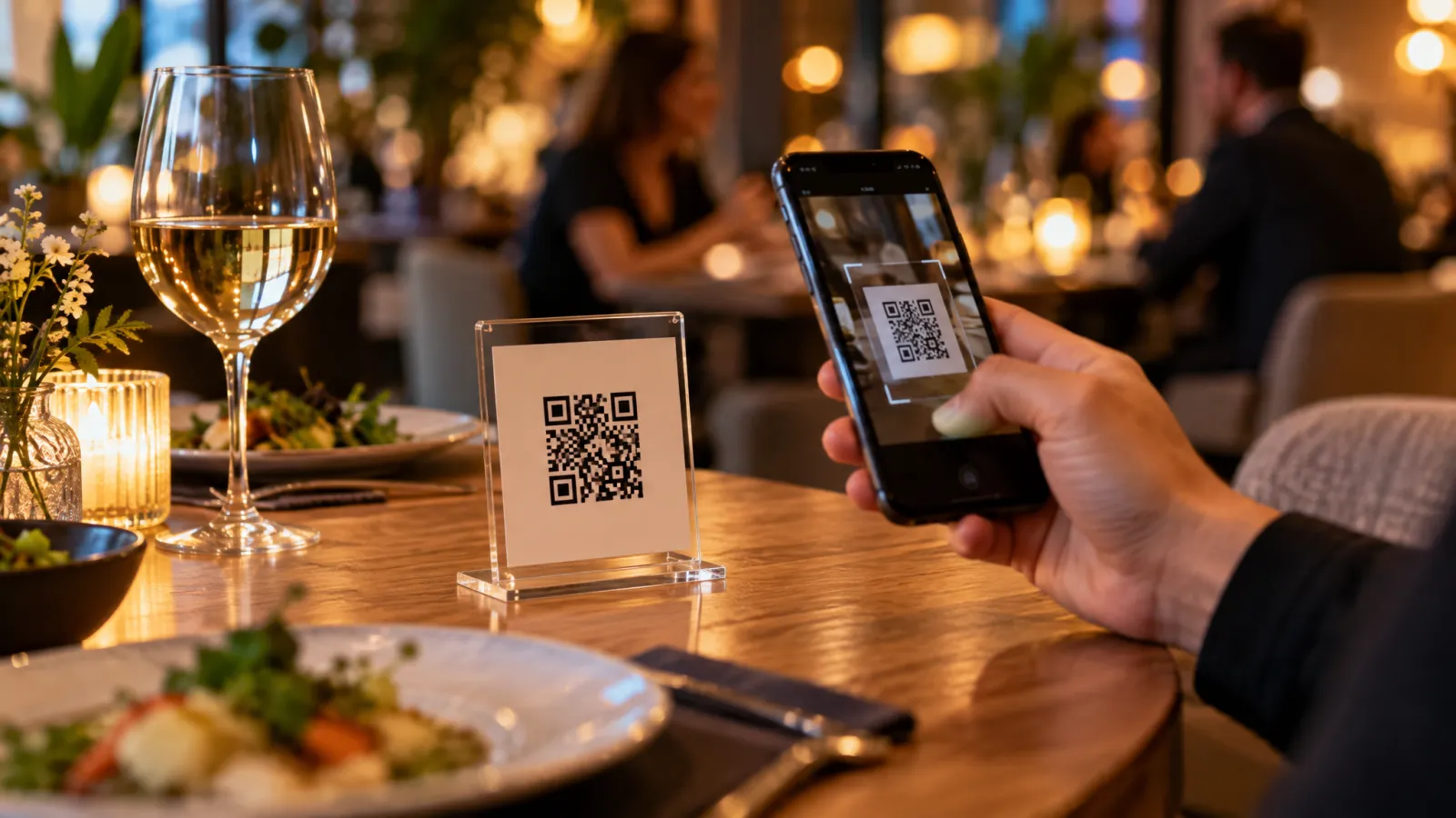 Eleganter QR-Code Tischaufsteller auf einem Restauranttisch