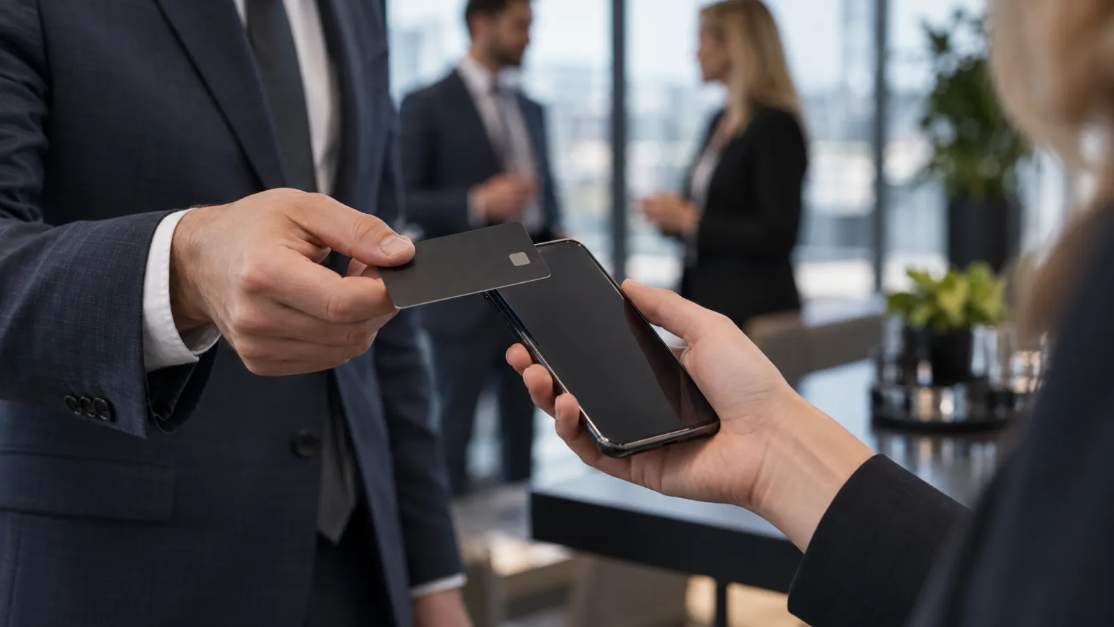 NFC Visitenkarte wird an ein Smartphone gehalten, Kontaktprofil erscheint