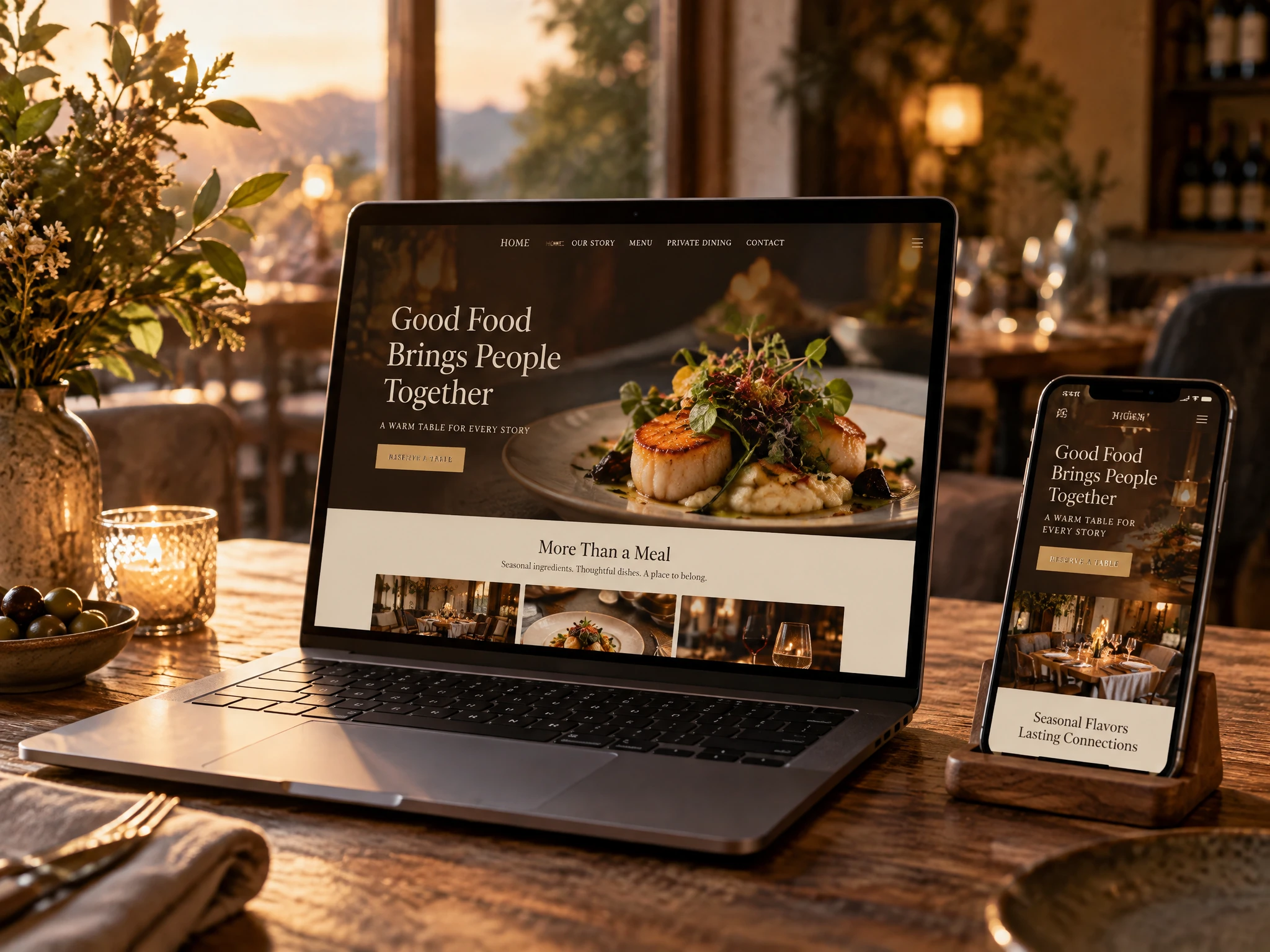 Gestaltungsbeispiel einer Gastronomie-Website auf Laptop und Smartphone
