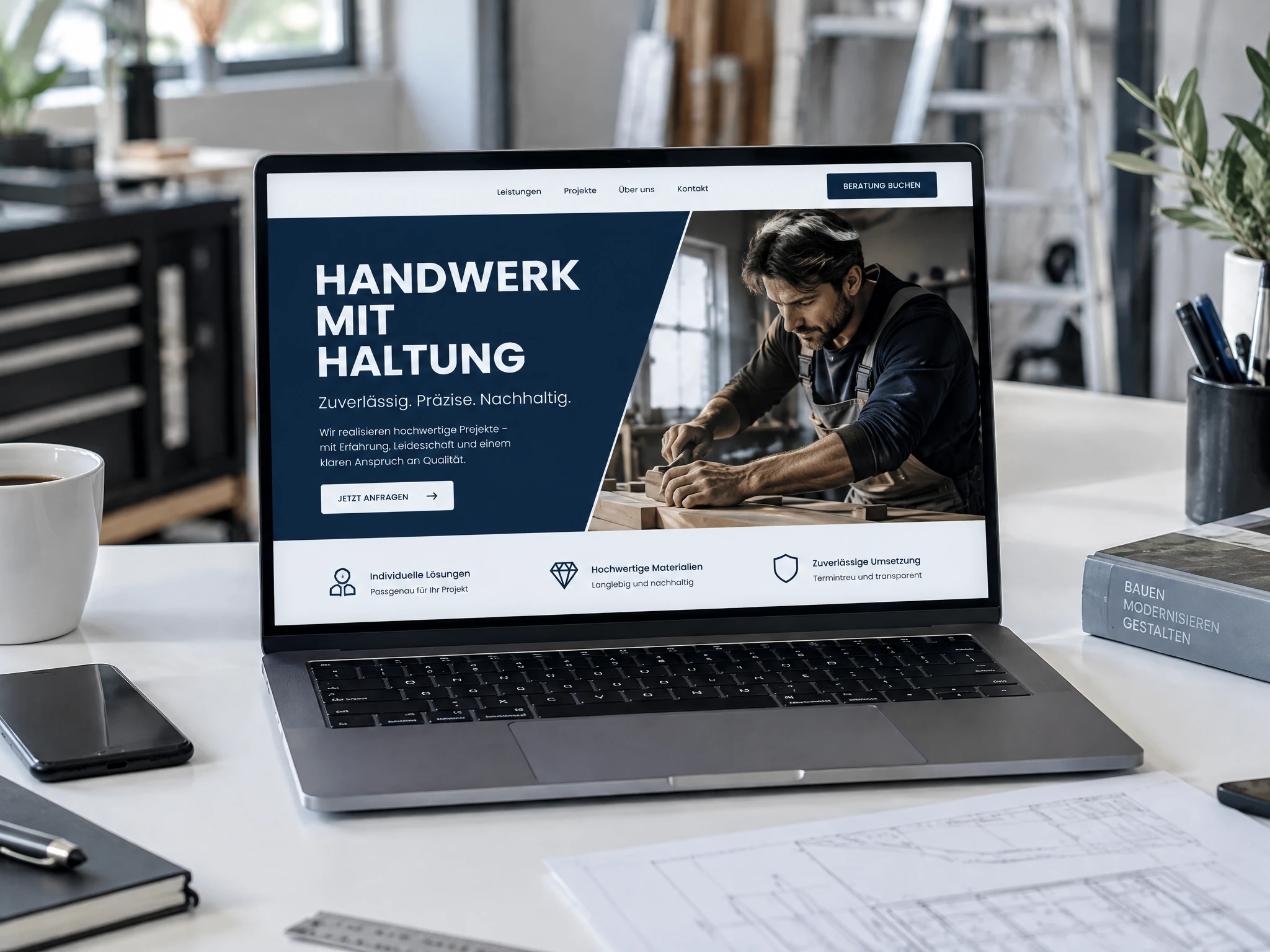 Gestaltungsbeispiel einer Handwerks-Website auf einem Laptop