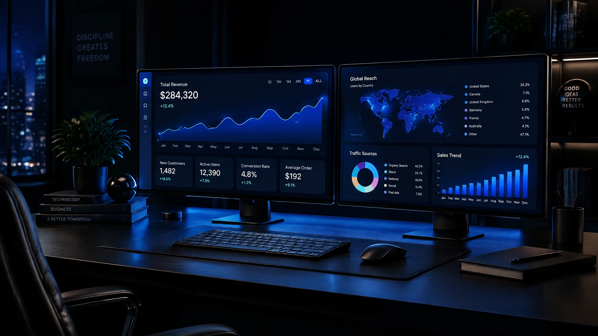 Moderner Arbeitsplatz mit Dashboards und digitalen Wachstums-Tools