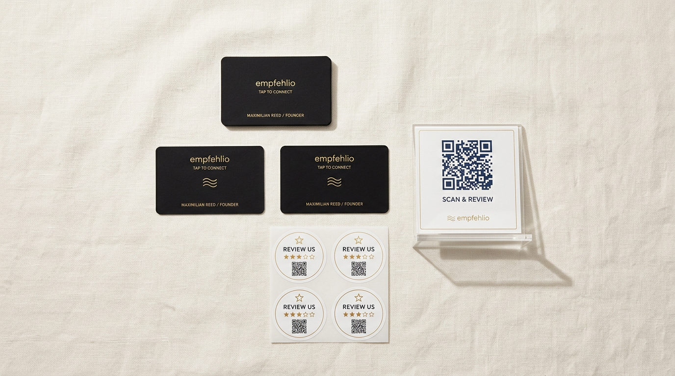 empfehlio Starter Set – NFC Karten, Sticker und QR Code Aufsteller im Komplettpaket