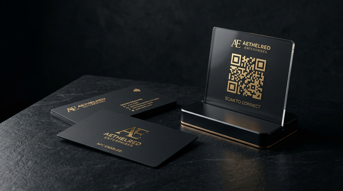 Individuell gebrandete NFC Karten und Aufsteller in Schwarz und Gold