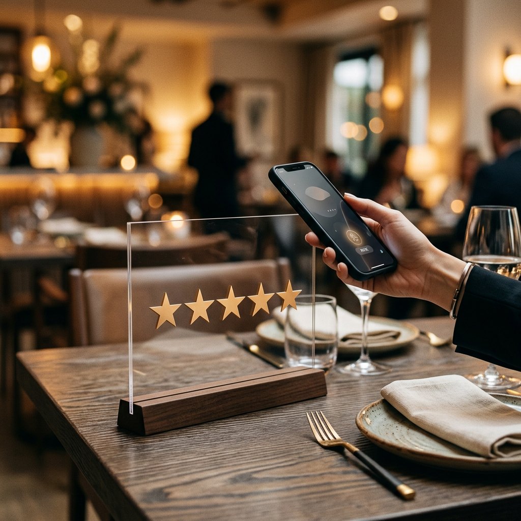Eleganter Tischaufsteller für Google Bewertungen auf einem Restauranttisch