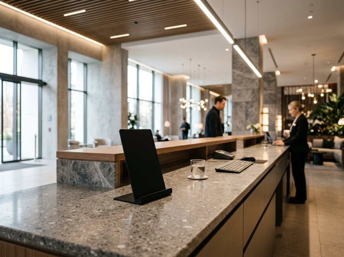 Schwarzer NFC Tischaufsteller an einer modernen Hotelrezeption