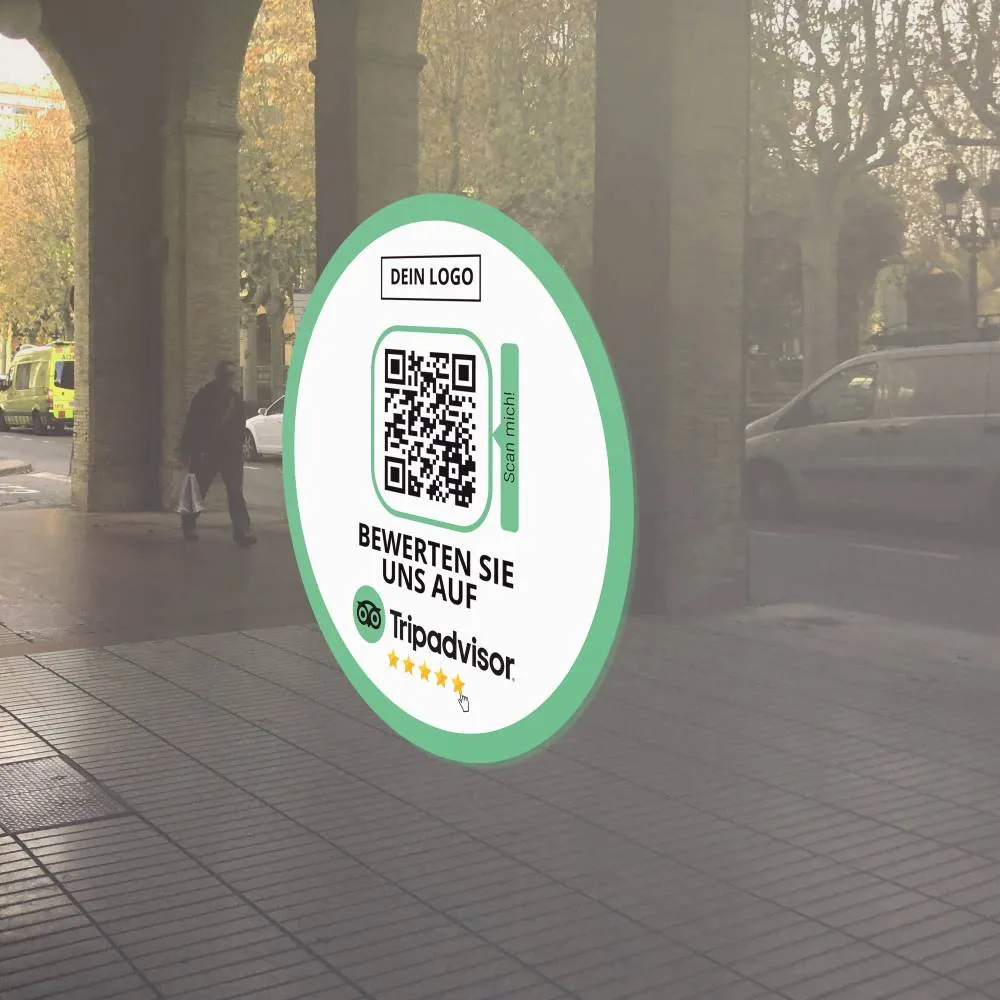 Bewerten Sie uns auf Tripadvisor Aufkleber mit QR Code rund – Ansicht 2