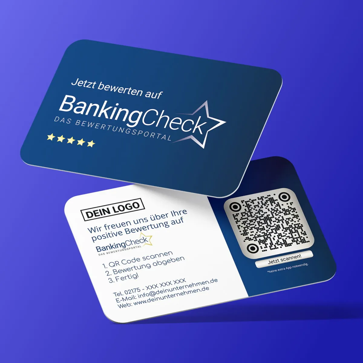 Bewerten Sie uns auf BankingCheck Visitenkarte Blue