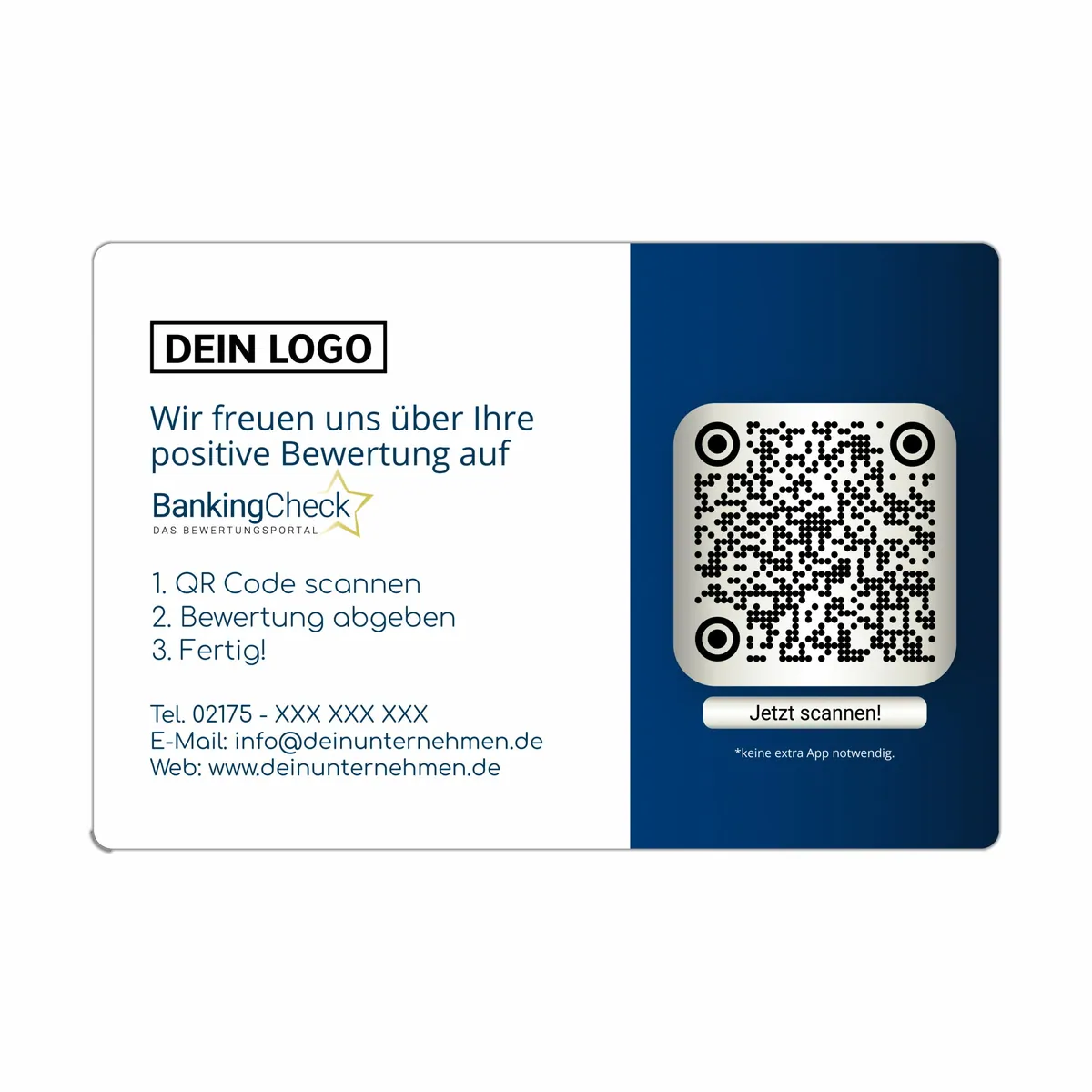 Bewerten Sie uns auf BankingCheck Visitenkarte Blue