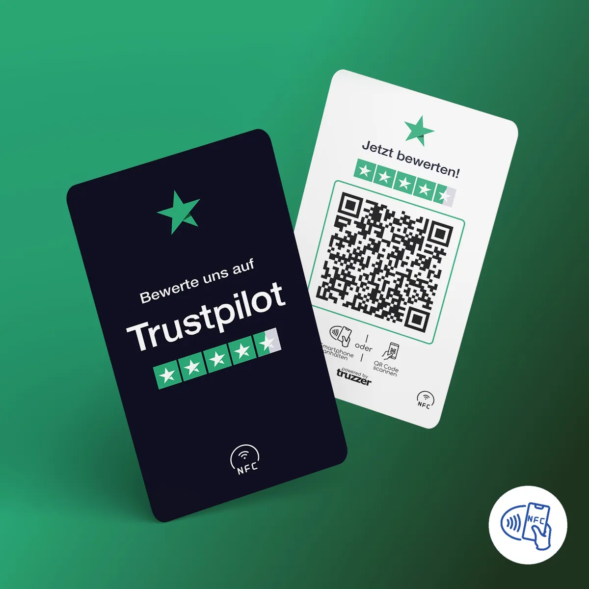 Trustpilot Bewertung NFC Karte „Tap“ mit Trustpilot Bewertung QR Code