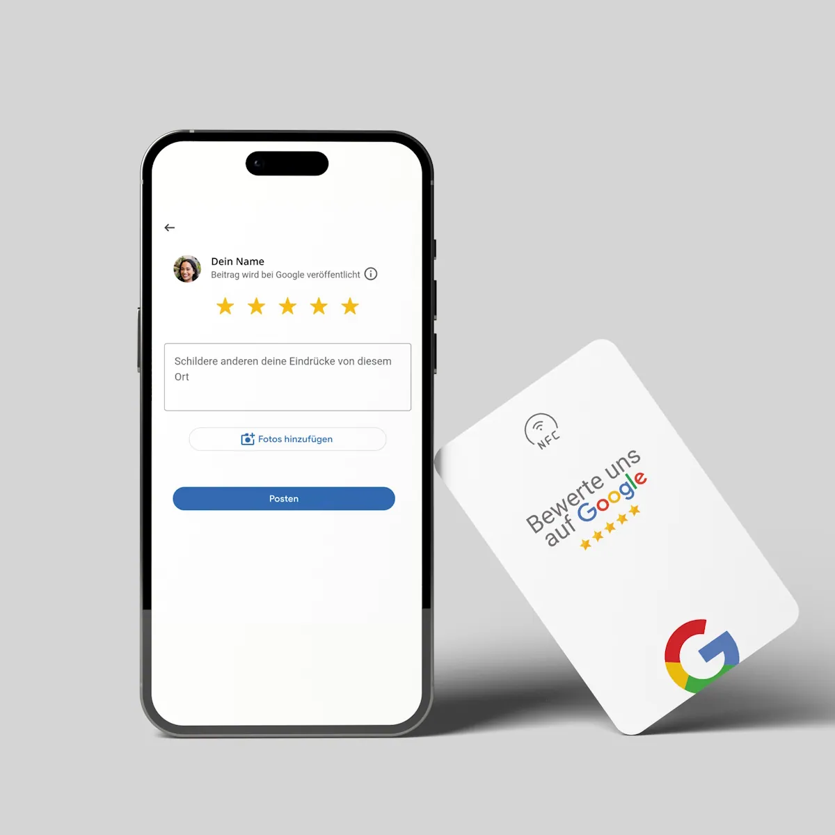 Google Bewertung NFC Karte „Tap“ mit Google Bewertung QR Code