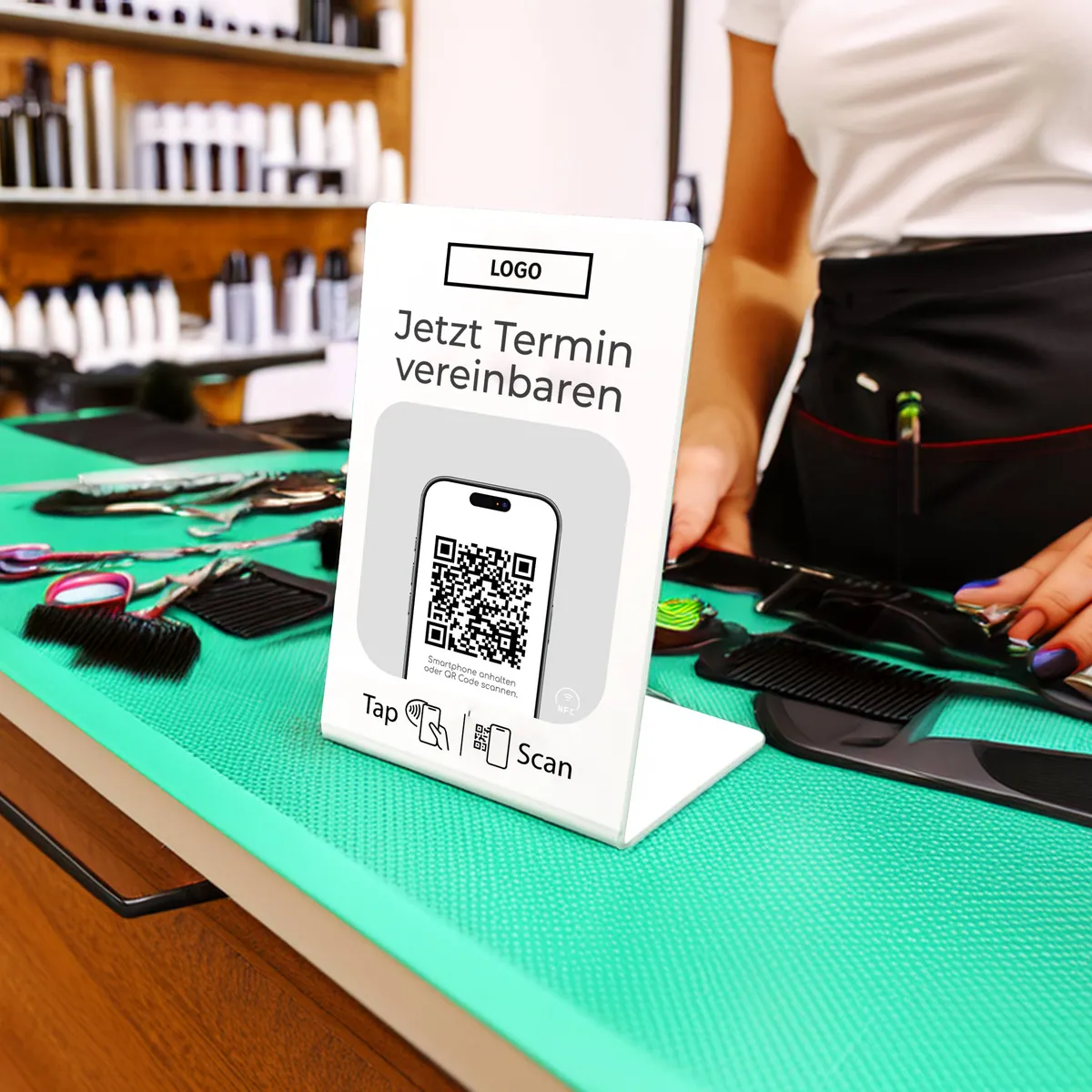 Terminvereinbarung NFC Tag und QR Code Tischaufsteller – Ansicht 2