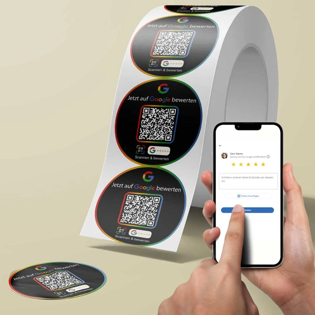 Google Bewertung QR Code Etikettenrolle – „G“-Design Schwarz & Weiß – Für mehr Bewertungen