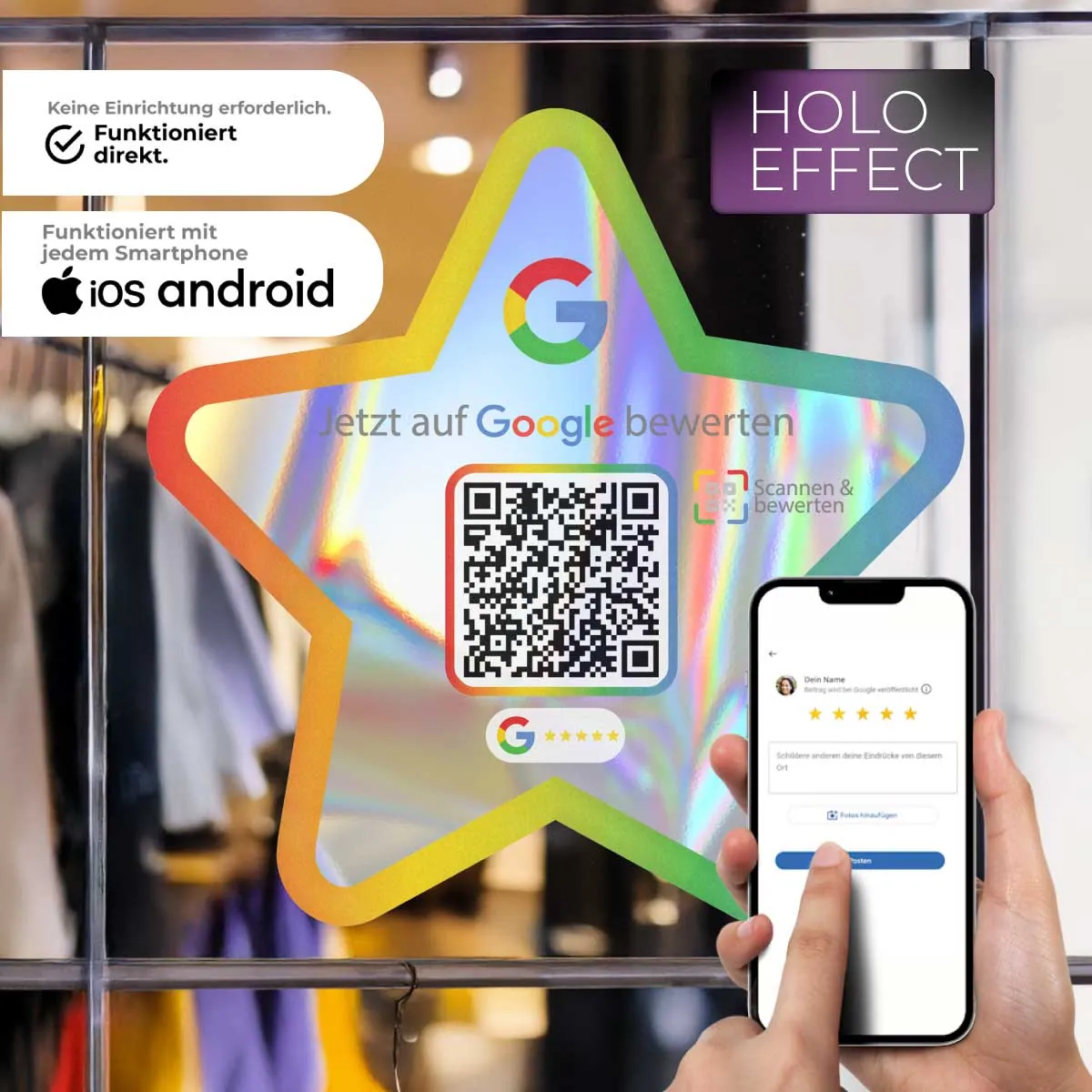 Google Bewertung Hologramm Sticker mit QR Code – Stern Design – 3 Größen – Eyecatcher für mehr Bewertungen