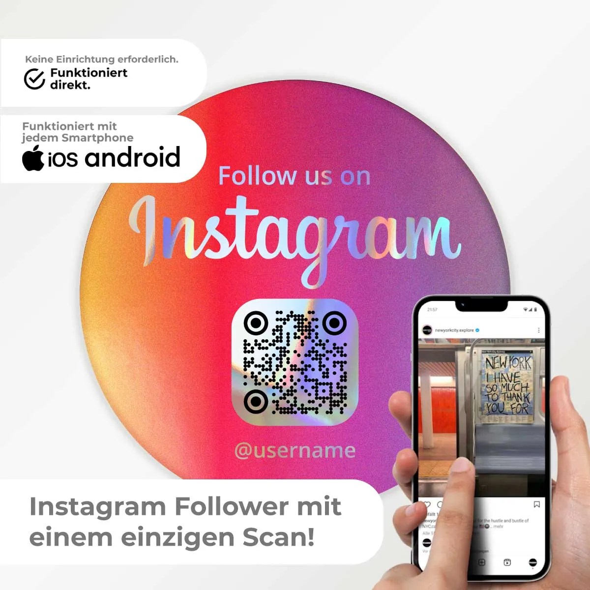 Instagram QR Code Sticker „Follow Us“ Rund – Hologramm Edition – 3 Größen – Ansicht 2