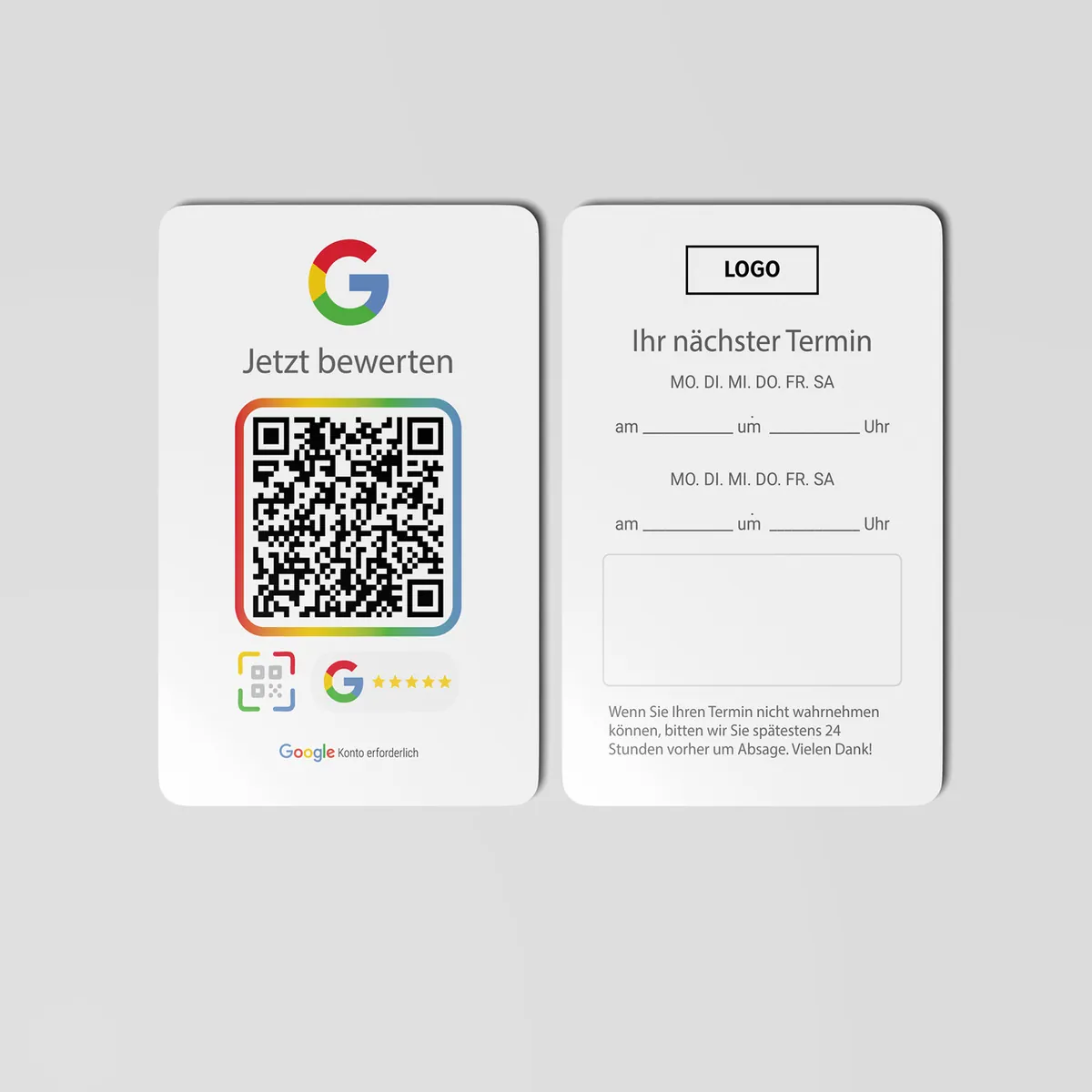 Terminkarten mit Google Bewertung QR Code "G" Design