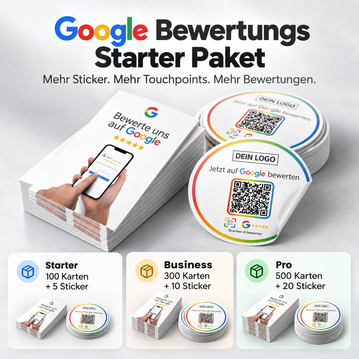 Google Bewertungs Starter Set – Mehr Bewertungen mit QR Code Karten & Stickern